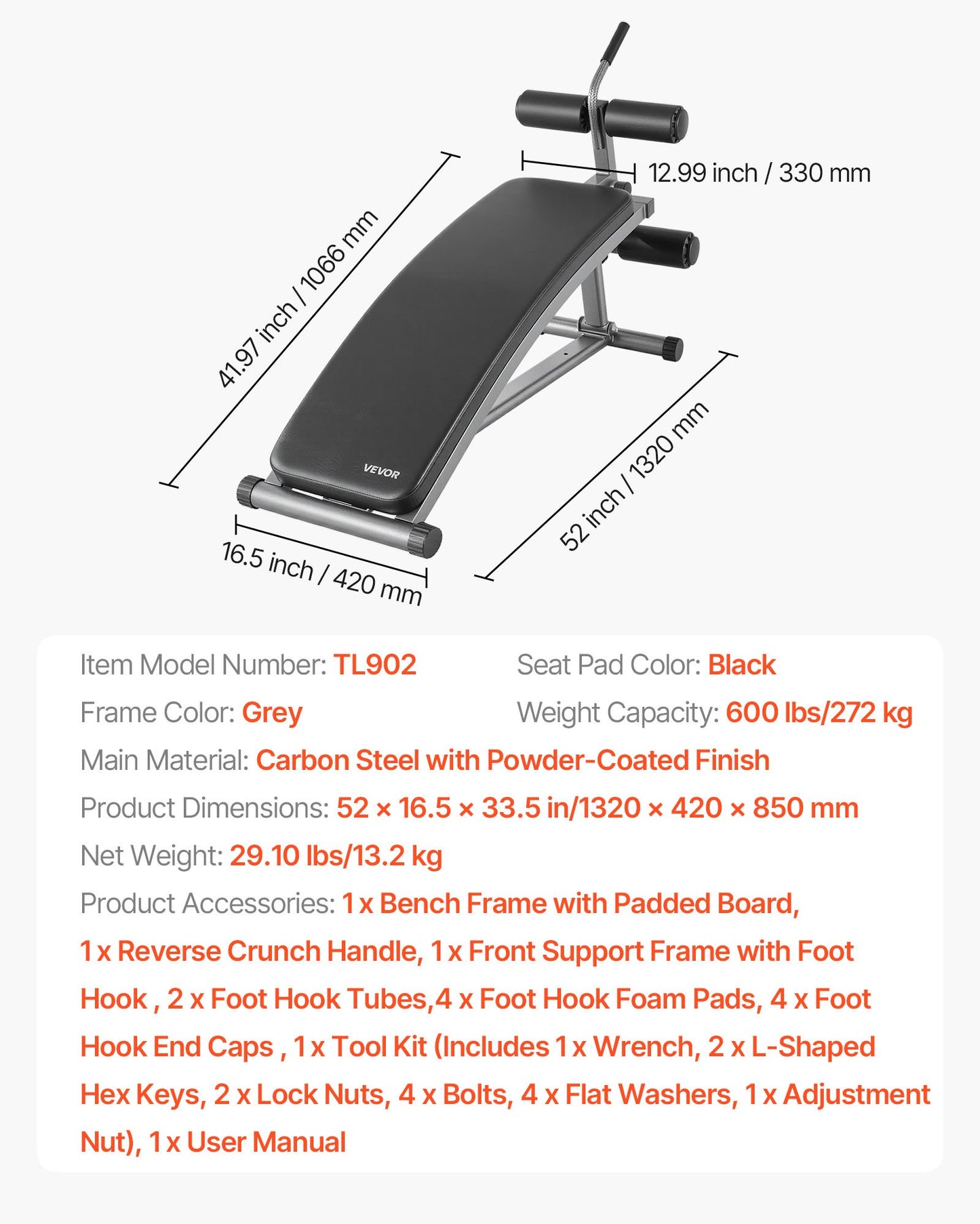 Sit Up-bänk, böjd, nedåtgående magbänk med omvänd crunch-handtag, med 6 justerbara höjdinställningar, kraftigt stål, 272 kg kapacitet för hemmagym, styrketräning, helkroppsmuskler