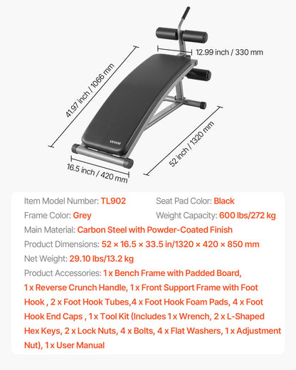 Sit Up-bänk, böjd, nedåtgående magbänk med omvänd crunch-handtag, med 6 justerbara höjdinställningar, kraftigt stål, 272 kg kapacitet för hemmagym, styrketräning, helkroppsmuskler