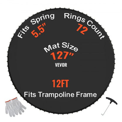 Replacement Trampoline Mat, Jumping Mat Fits 12ft Frame, Universal Jumping Mat for 12ft Round Trampoline, Reinforce UV-Resistant Mat with Spring Tool & Durable V-Rings, Fit 5.5" Spring Length