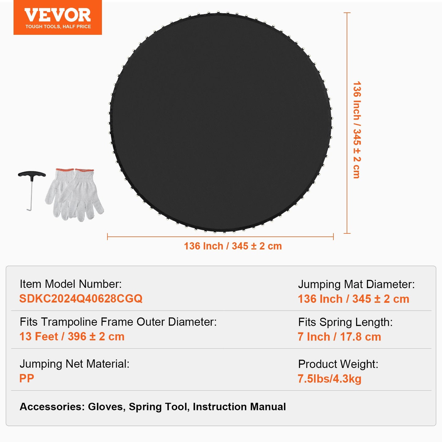 Replacement Trampoline Mat, Jumping Mat Fits 13ft Frame, Universal Jumping Mat for 13ft Round Trampoline, Reinforce UV-Resistant Mat with Spring Tool & Durable V-Rings, Fit 7" Spring Length