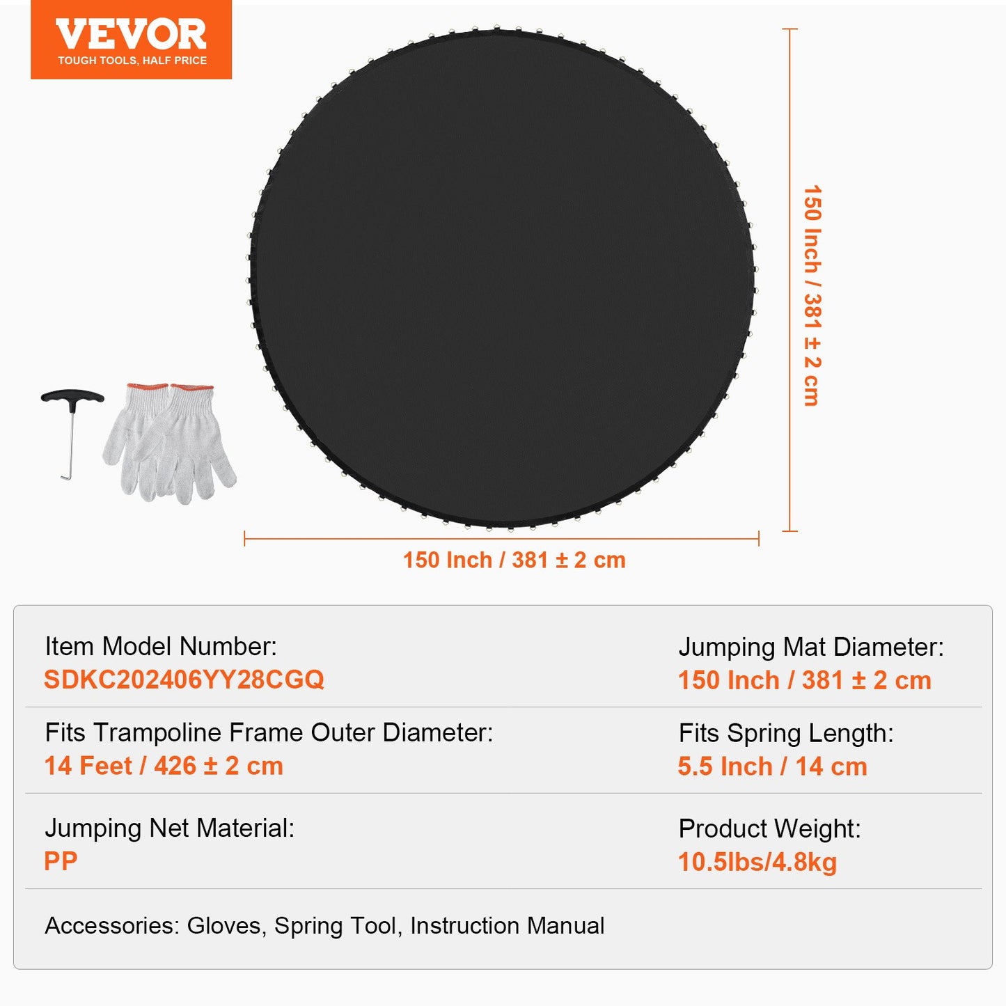 Replacement Trampoline Mat, Jumping Mat Fits 14ft Frame, Universal Jumping Mat for 14ft Round Trampoline, Reinforce UV-Resistant Mat with Spring Tool & Durable V-Rings, Fit 5.5" Spring Length