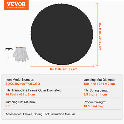Replacement Trampoline Mat, Jumping Mat Fits 14ft Frame, Universal Jumping Mat for 14ft Round Trampoline, Reinforce UV-Resistant Mat with Spring Tool & Durable V-Rings, Fit 5.5" Spring Length