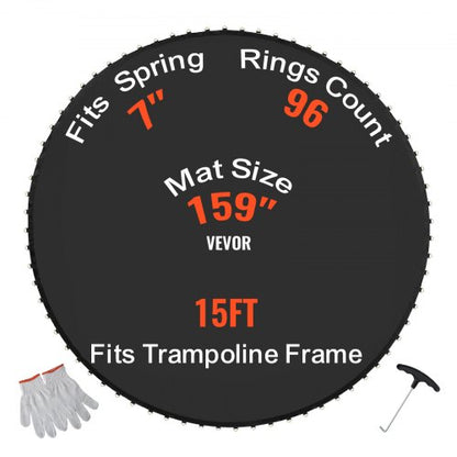 Replacement Trampoline Mat, Jumping Mat Fits 15ft Frame, Universal Jumping Mat for 15ft Round Trampoline, Reinforce UV-Resistant Mat with Spring Tool & Durable V-Rings, Fit 7" Spring Length