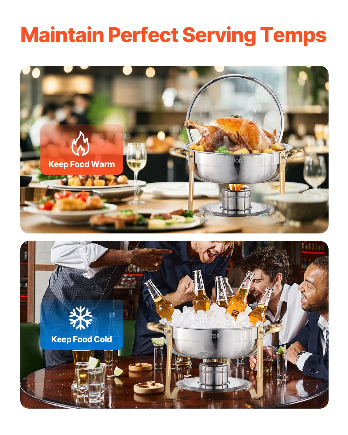 Varmfatbufféset, 5 liter, 4-pack, rostfritt stålvärmare med 4 fullstora kastruller, rund cateringvärmare med glaslock, vattenpanna, hopfällbart stativ, bränslehållare, för bröllopsfest, bankett, guld