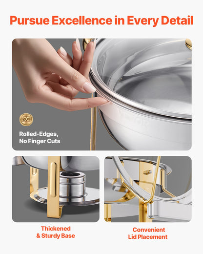 Varmfatbufféset, 5 liter, 4-pack, rostfritt stålvärmare med 4 fullstora kastruller, rund cateringvärmare med glaslock, vattenpanna, hopfällbart stativ, bränslehållare, för bröllopsfest, bankett, guld