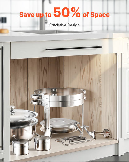 Varmfatbufféset, 5 liter 2-pack, varmfat i rostfritt stål med 2 fullstora stekpannor, rund cateringvärmare med lock, vattenpanna, hopfällbart stativ, för bröllop, fester, banketter, silver