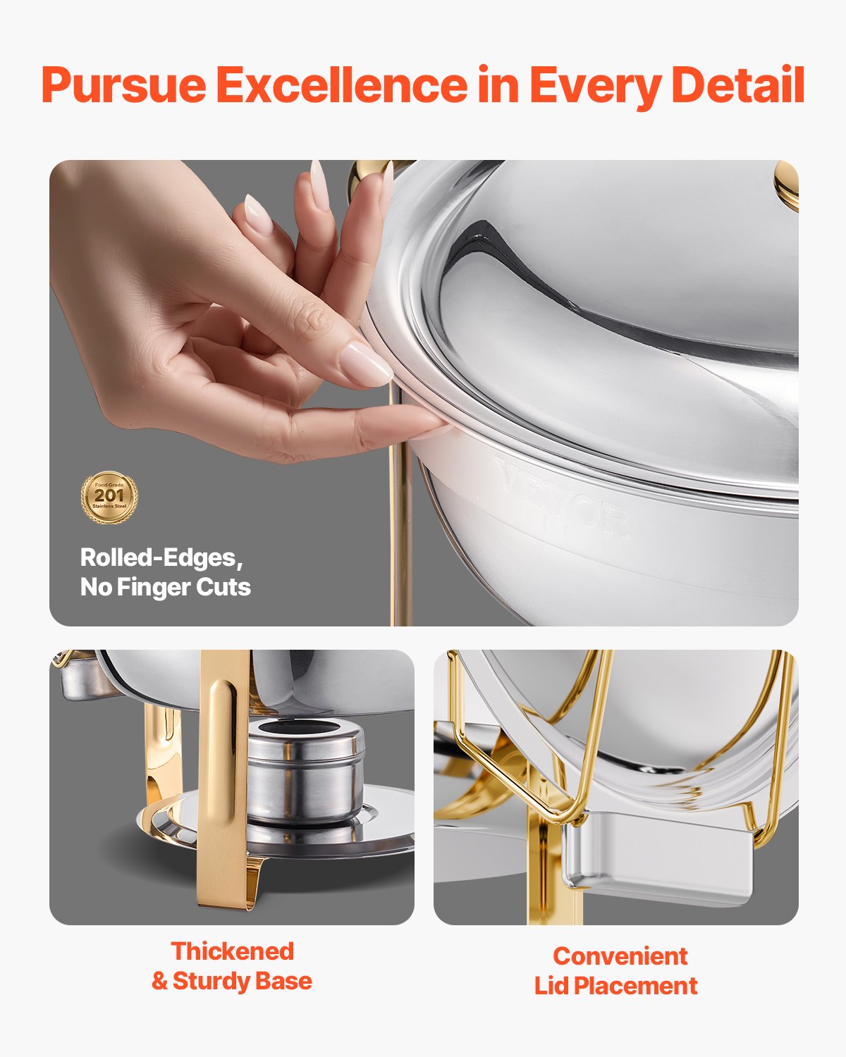 Chafing Dish Buffet Set, 5 Qt 4 Pack, Stainless Steel Chafer with 4 Full Size Pans, Round Catering Warmer Server with Lid Water Pan Folding Stand Clip, for Weddings Parties Banquets, Gold