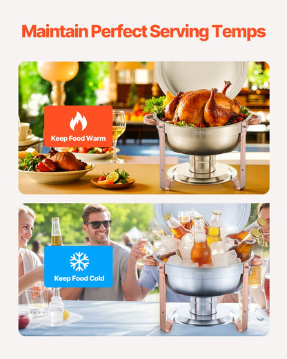 Chafing Dish Buffet Set, 5 Qt 4 Pack, Stainless Steel Chafer with 4 Full Size Pans, Round Catering Warmer Server with Lid Water Pan Folding Stand Clip, for Weddings Parties Banquets, Rose Gold