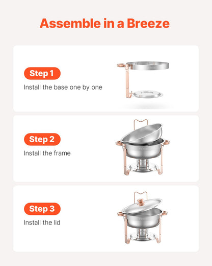 Chafing Dish Buffet Set, 5 Qt 4 Pack, Stainless Steel Chafer with 4 Full Size Pans, Round Catering Warmer Server with Lid Water Pan Folding Stand Clip, for Weddings Parties Banquets, Rose Gold