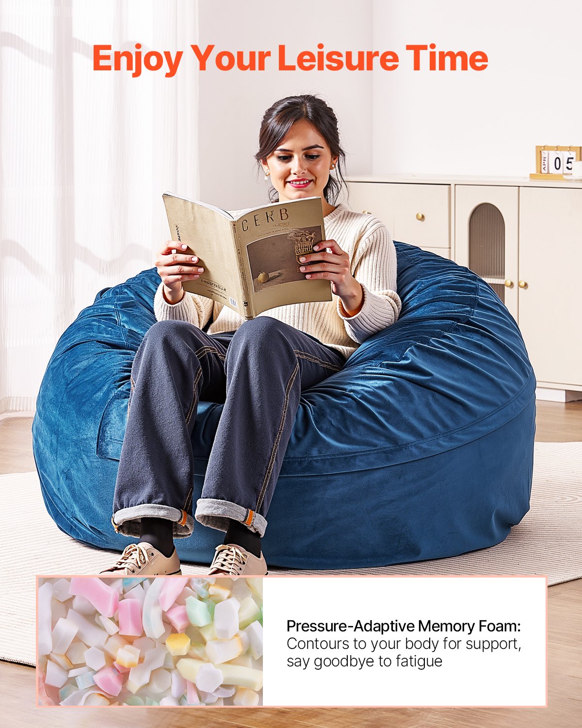 Saccosäckstol, rund saccosäckstol med avtagbart och tvättbart överdrag för vuxna, holländsk sammet och högdensitetsskumfyllning, saccosäck för vuxna med handtag och sidoficka för vardagsrum, sovrum, blå