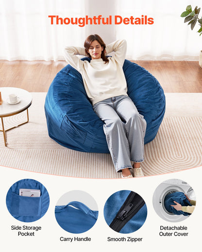 Saccosäckstol, rund saccosäckstol med avtagbart och tvättbart överdrag för vuxna, holländsk sammet och högdensitetsskumfyllning, saccosäck för vuxna med handtag och sidoficka för vardagsrum, sovrum, blå