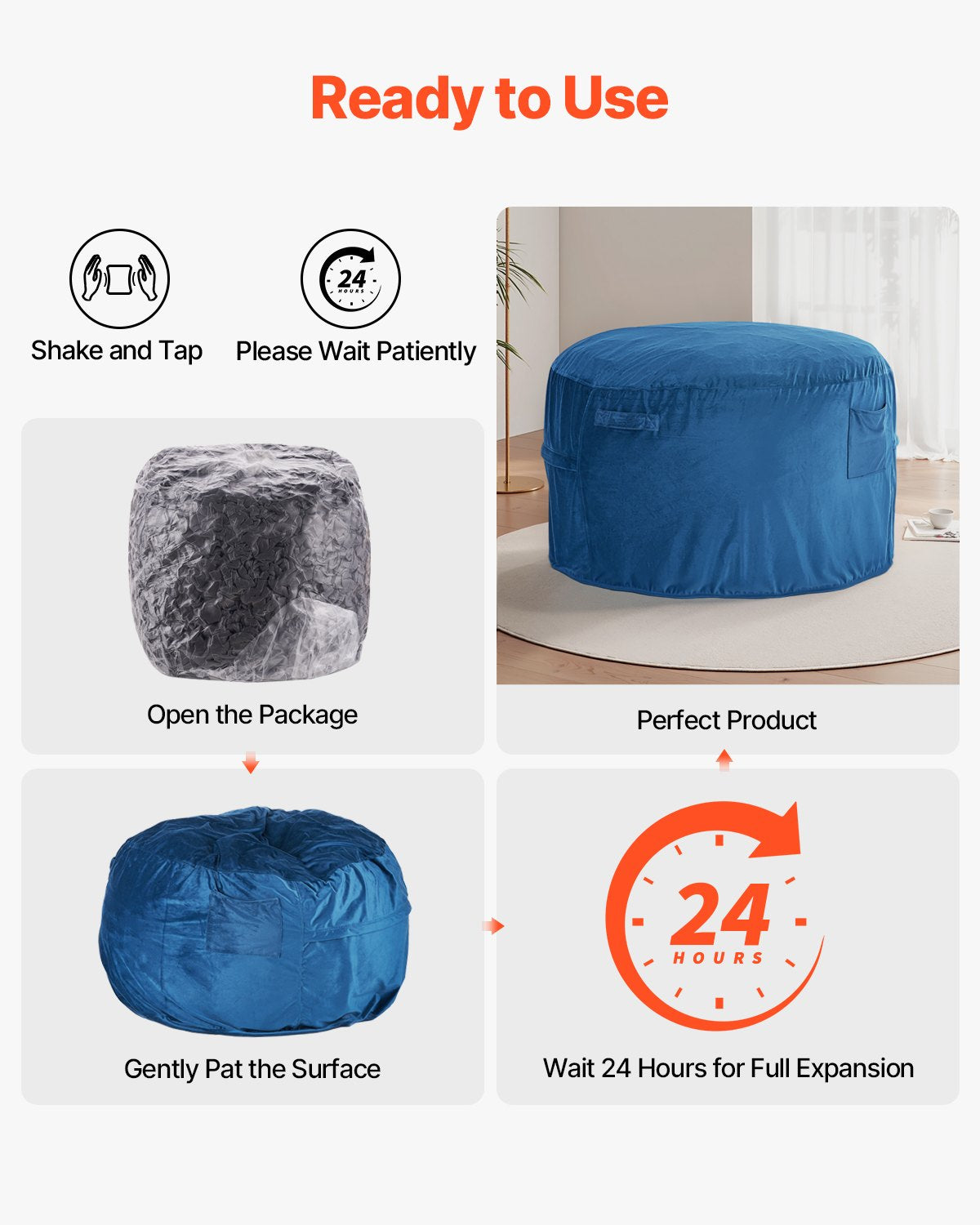 Saccosäckstol, rund saccosäckstol med avtagbart och tvättbart överdrag för vuxna, holländsk sammet och högdensitetsskumfyllning, saccosäck för vuxna med handtag och sidoficka för vardagsrum, sovrum, blå