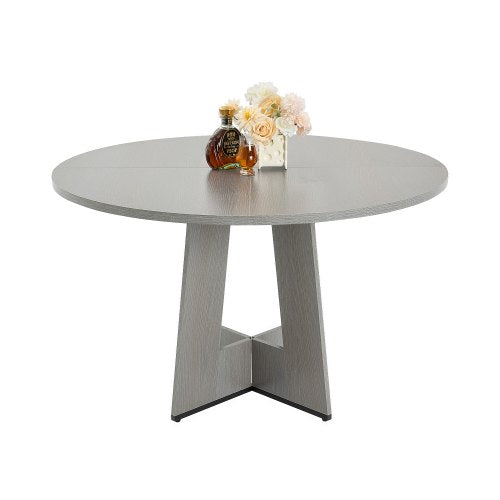 Runt matbord, 47 tums träbord för 4-6 personer, lantliga runda middagsmöbler, rustika fritidsbord med tjocka träben, för hemkök vardagsrum, grått (endast bord)