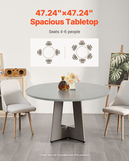 Runt matbord, 47 tums träbord för 4-6 personer, lantliga runda middagsmöbler, rustika fritidsbord med tjocka träben, för hemkök vardagsrum, grått (endast bord)