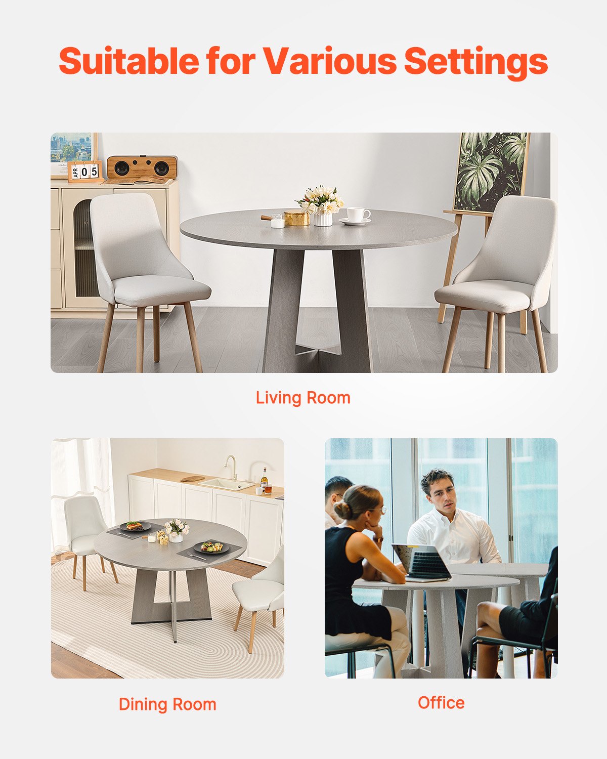 Runt matbord, 47 tums träbord för 4-6 personer, lantliga runda middagsmöbler, rustika fritidsbord med tjocka träben, för hemkök vardagsrum, grått (endast bord)