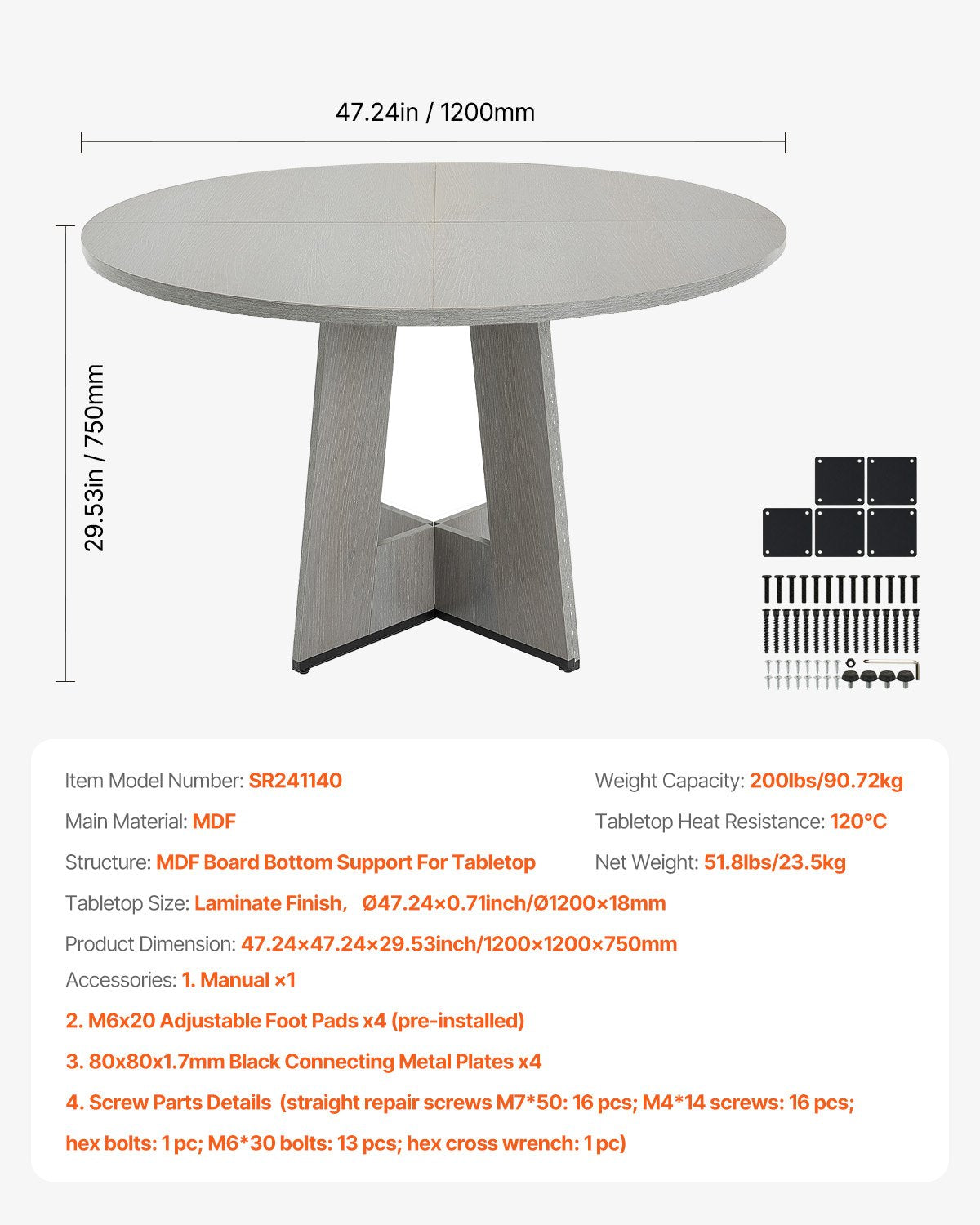 Runt matbord, 47 tums träbord för 4-6 personer, lantliga runda middagsmöbler, rustika fritidsbord med tjocka träben, för hemkök vardagsrum, grått (endast bord)