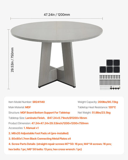 Round Dining Table, 47 inch Wood Table for 4-6 Person, Farmhouse Circle Dinner Furniture, Rustic Leisure Tables with Thick Wooden Legs, for Home Kitchen Living Room, Grey (Only Table)