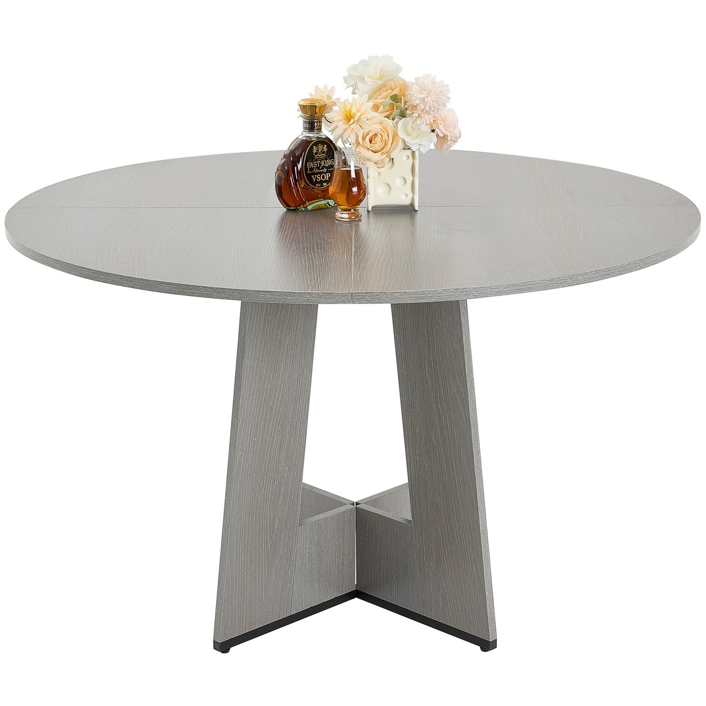 Runt matbord, 47 tums träbord för 4-6 personer, lantliga runda middagsmöbler, rustika fritidsbord med tjocka träben, för hemkök vardagsrum, grått (endast bord)