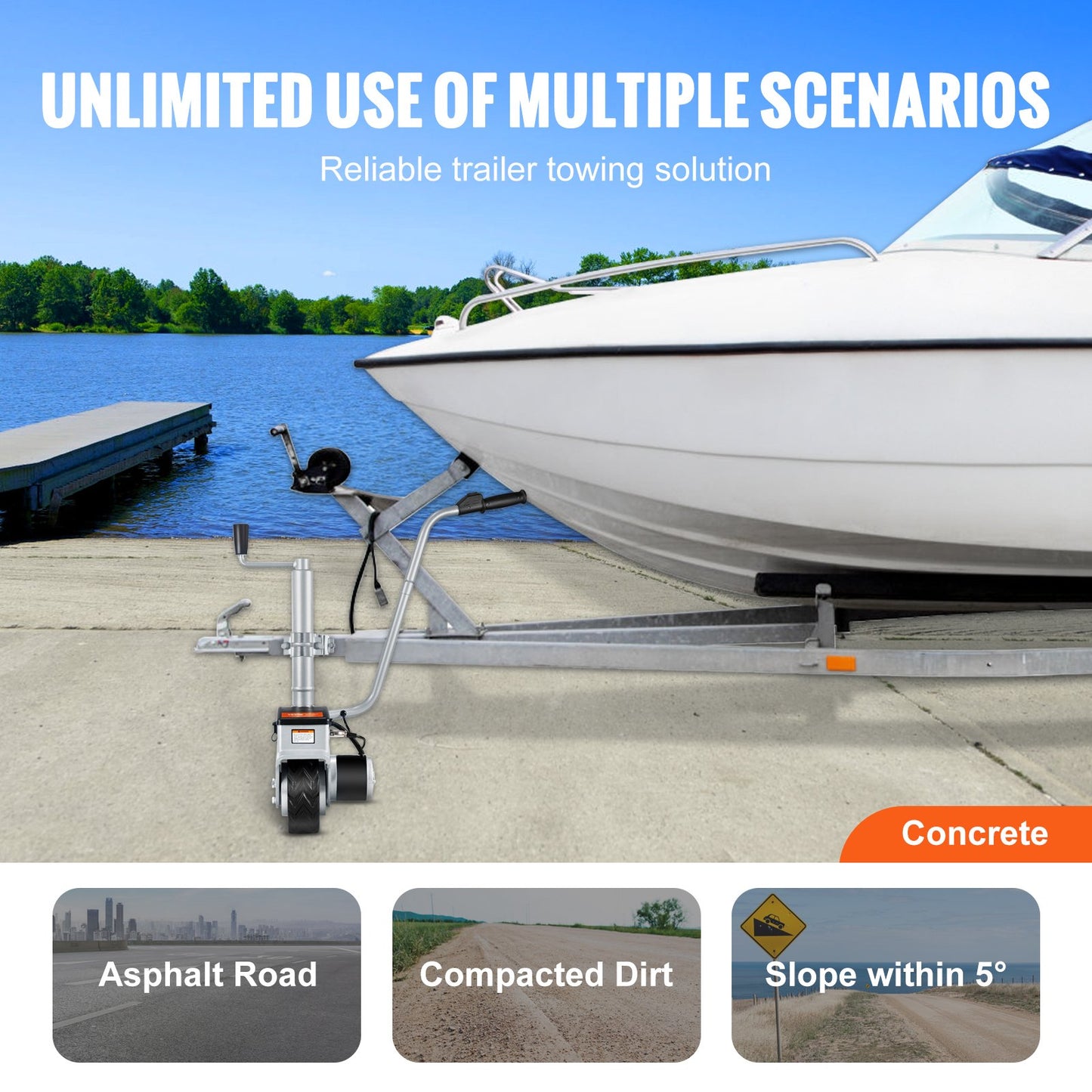 Electric Trailer Dolly, 2268 kg Towing Capacity, 350W 12V Trailer Jockey Wheel with 6.7 m/min Moving Speed, 30.5 cm-62.9 cm Adjustable Clamp Height & 20.3 cm Rubber Tire, for Moving Trailer Caravan Boat