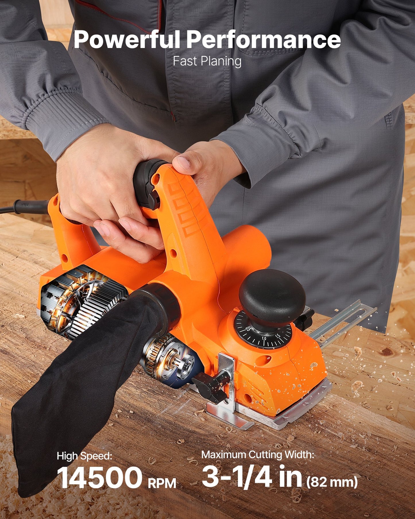 Elektrisk handhyvel, 82 mm skärbredd, 900 W 14500 RPM Sladdansluten handhyvel för trä, med justerbart skärdjup, 2 blad, för träbearbetning, träfas, gör-det-själv, slät yta, snickeriverktyg