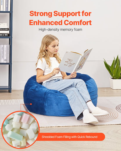 Bean Bag Chair, 3 feet Round Bean Bag Chair with Removable and Washable Cover, 25D Memory Foam Filled with Soft and Smooth Dutch Velvet, Bean Bag for Bedroom or Playroom, Blue