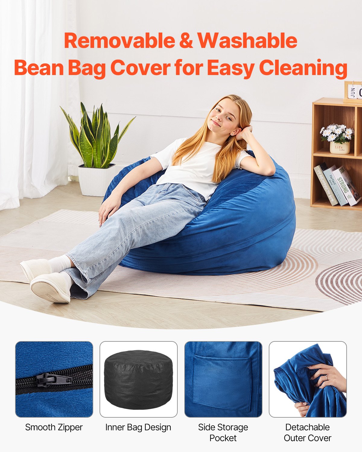 Bean Bag Chair, 3 feet Round Bean Bag Chair with Removable and Washable Cover, 25D Memory Foam Filled with Soft and Smooth Dutch Velvet, Bean Bag for Bedroom or Playroom, Blue
