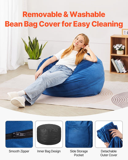 Bean Bag Chair, 3 feet Round Bean Bag Chair with Removable and Washable Cover, 25D Memory Foam Filled with Soft and Smooth Dutch Velvet, Bean Bag for Bedroom or Playroom, Blue