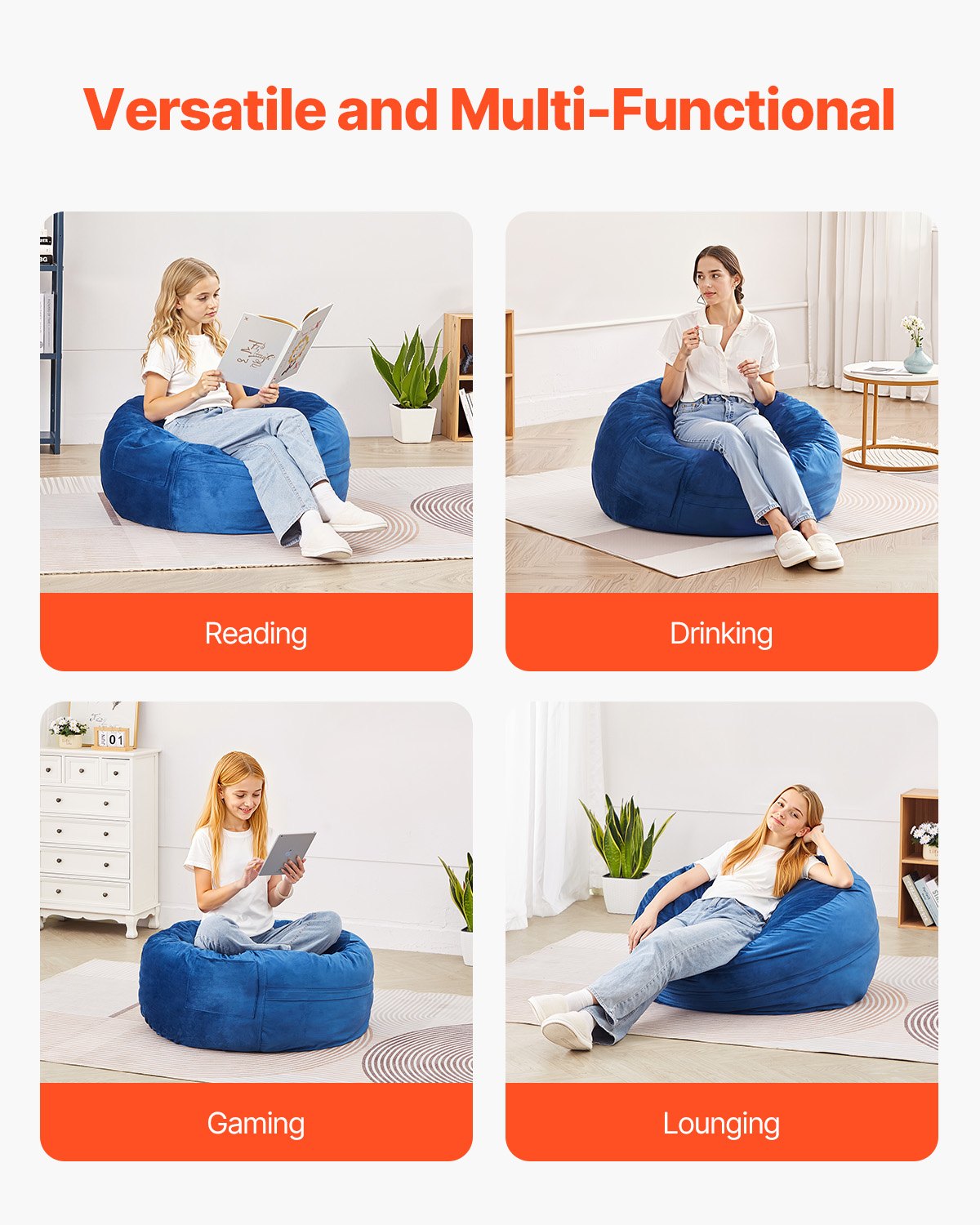 Bean Bag Chair, 3 feet Round Bean Bag Chair with Removable and Washable Cover, 25D Memory Foam Filled with Soft and Smooth Dutch Velvet, Bean Bag for Bedroom or Playroom, Blue