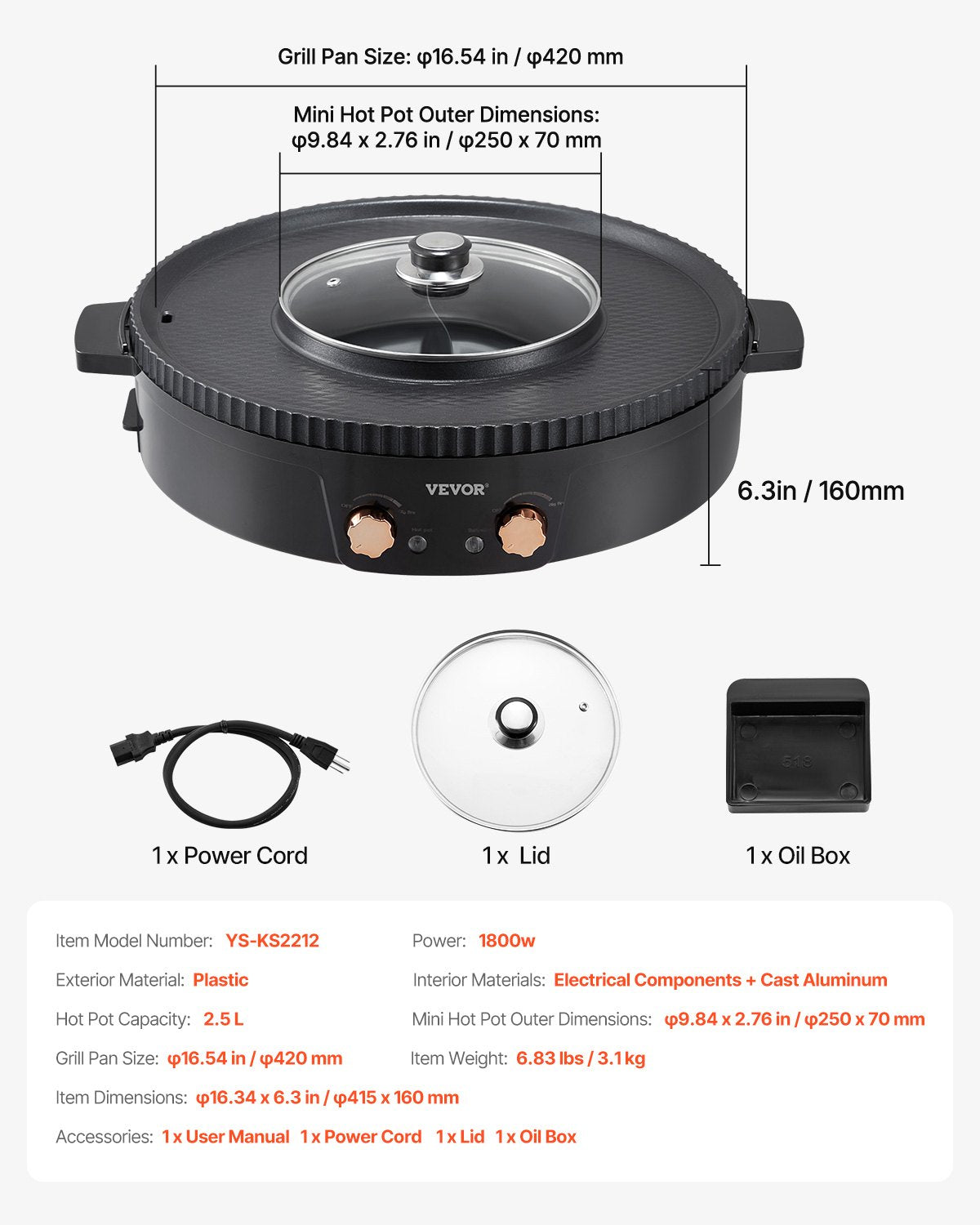 Varmgryta med grill, 1800W 2-i-1 elektrisk rökfri grill och varmgryta, koreansk BBQ Shabu Shabu-värmgryta med separat dubbel temperaturkontroll, non-stick-panna, för 2-8 personer med familjemiddag
