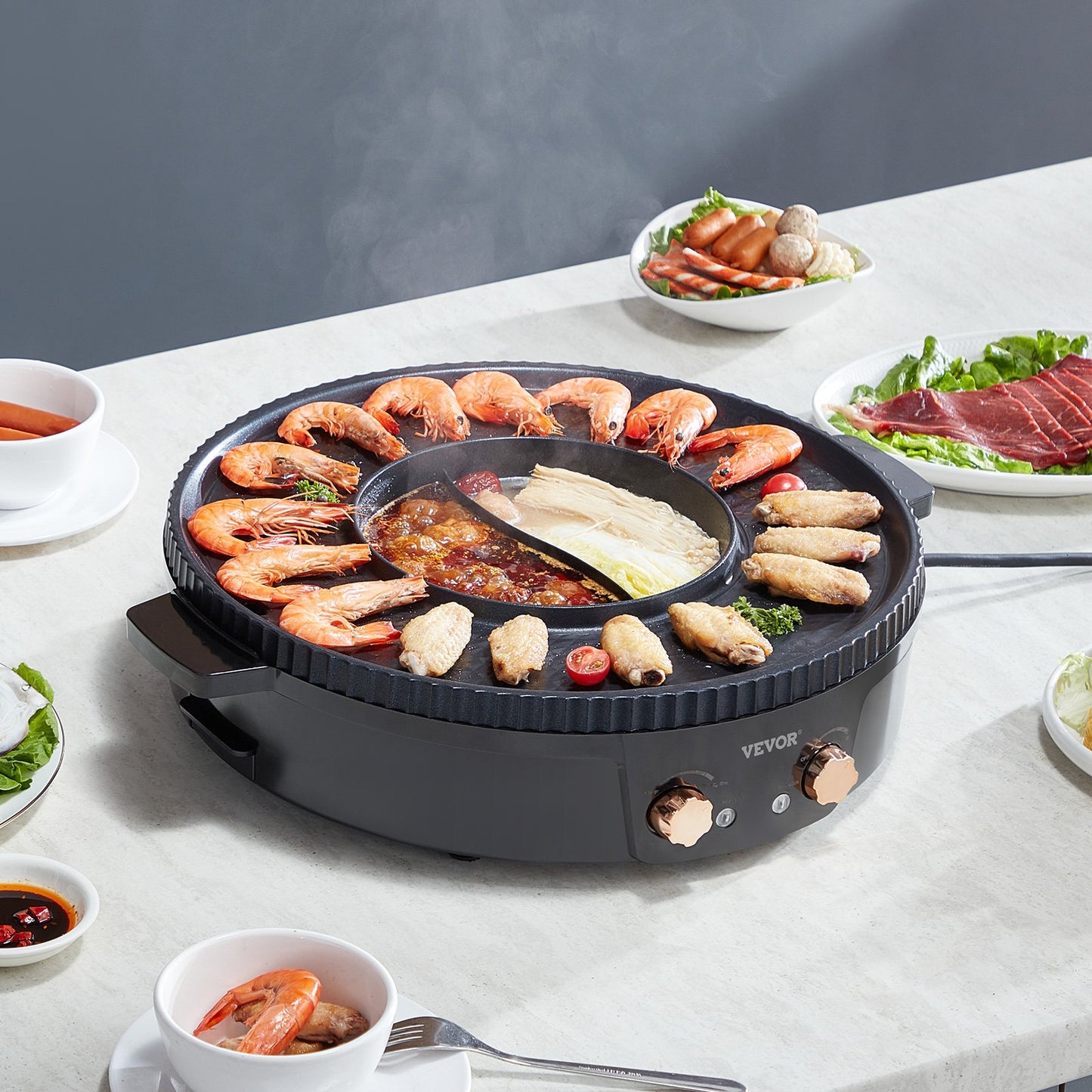 Varmgryta med grill, 1800W 2-i-1 elektrisk rökfri grill och varmgryta, koreansk BBQ Shabu Shabu-värmgryta med separat dubbel temperaturkontroll, non-stick-panna, för 2-8 personer med familjemiddag