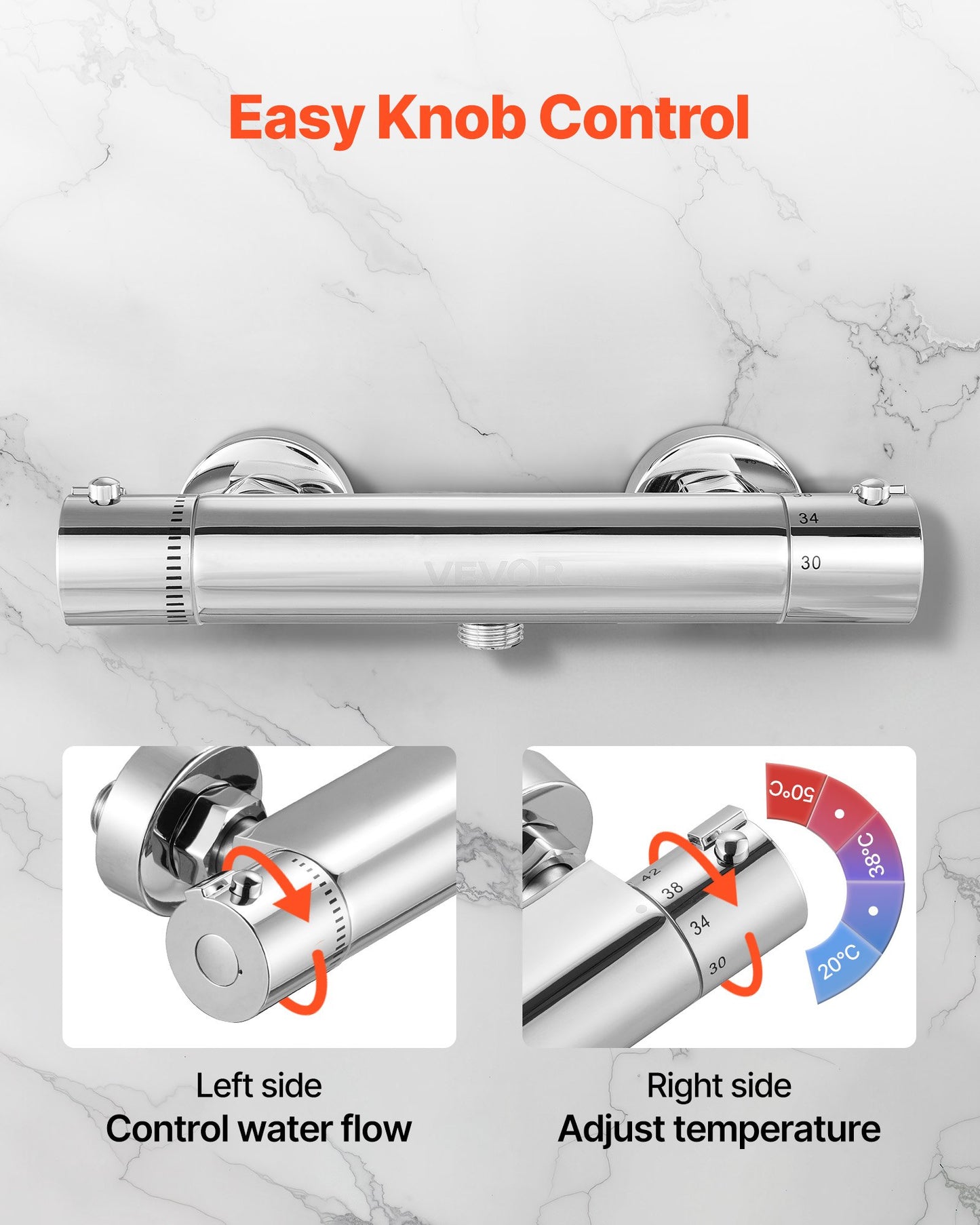 Termostatisk duschkranventil, 38℃ säkert lås termostatisk duschventil, varm-kallvatten duschkran temperaturreglerventiler med massiv mässingsgjutning för badrum, husbil, läckagesäker