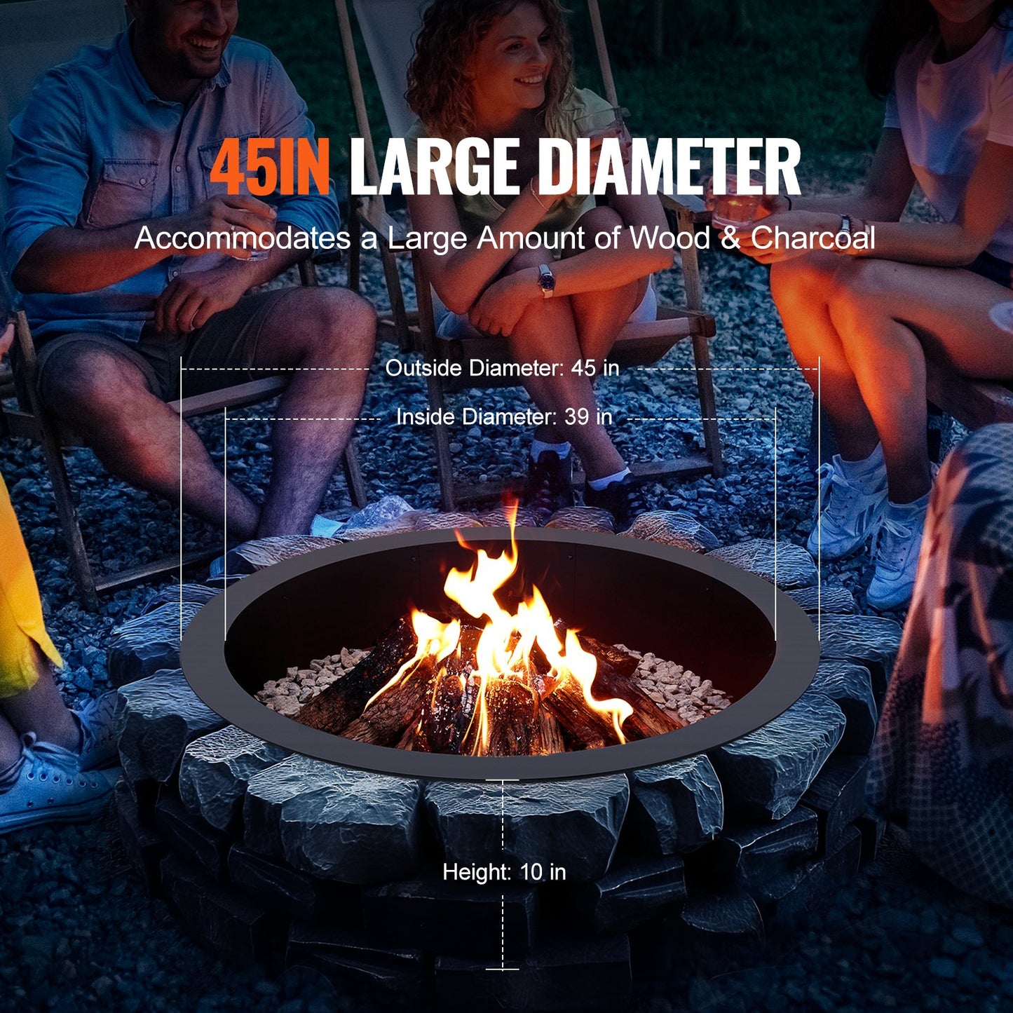 Fire Pit Ring, 44-Inch Outer/39-Inch Inner Diameter, 10inch Height 2.5mm Thick Fire Pit Insert, Heavy Duty Carbon Steel Liner DIY Campfire Ring above or In-Ground, for Outdoor Camping, Bonfires