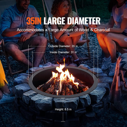 Fire Pit Ring, 35-Inch Outer/31-Inch Inner Diameter, 10inch Height Fire Pit Insert, Heavy Duty Carbon Steel Liner DIY Campfire Ring above or In-Ground, for Outdoor Camping, Bonfires