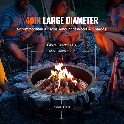 Fire Pit Ring, 40-Inch Outer/36-Inch Inner Diameter, 8.5inch Height Fire Pit Insert, Heavy Duty Carbon Steel Liner DIY Campfire Ring above or In-Ground, for Outdoor Camping, Bonfires
