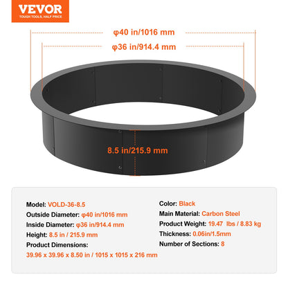 Fire Pit Ring, 40-Inch Outer/36-Inch Inner Diameter, 8.5inch Height Fire Pit Insert, Heavy Duty Carbon Steel Liner DIY Campfire Ring above or In-Ground, for Outdoor Camping, Bonfires