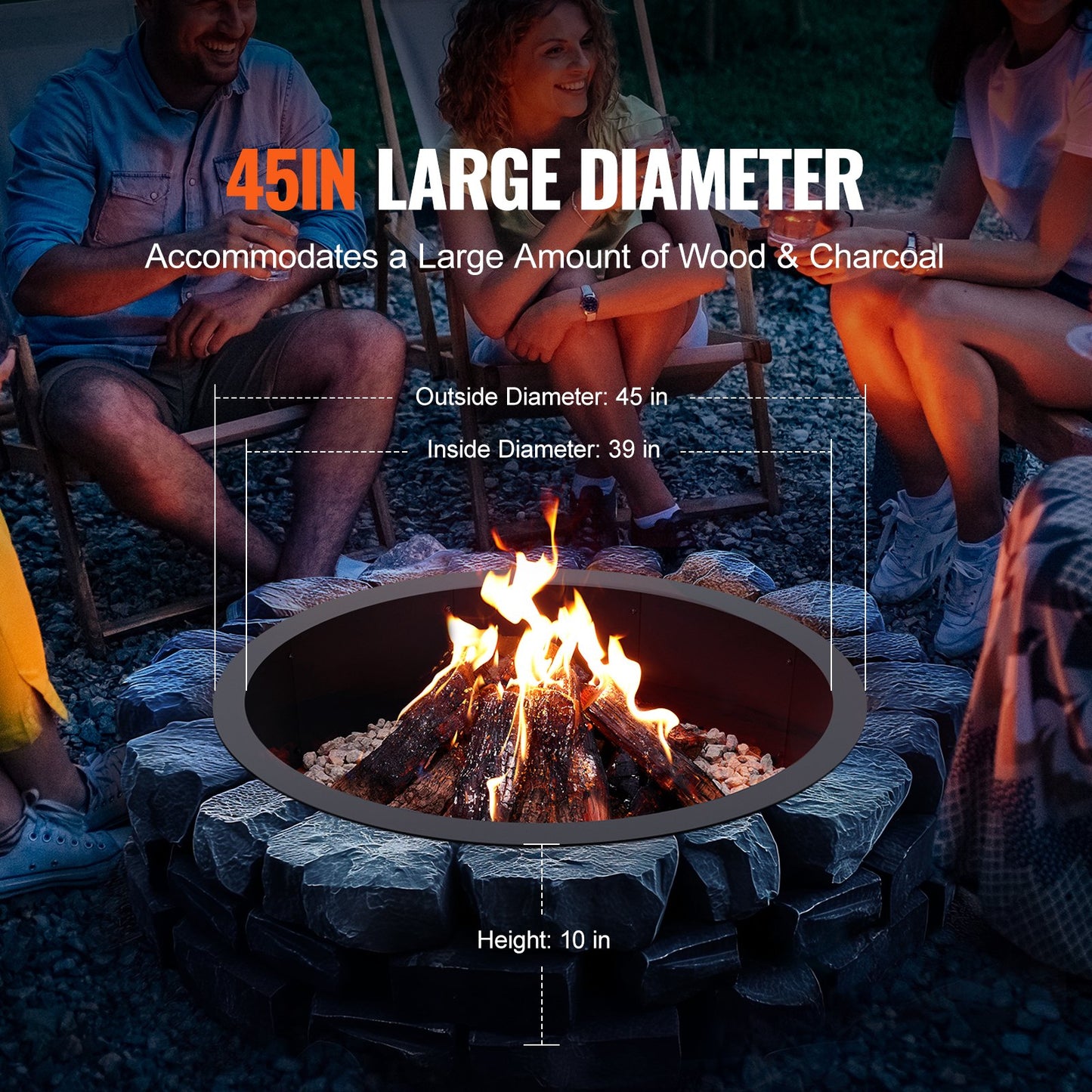 Fire Pit Ring, 45-Inch Outer/39-Inch Inner Diameter, 10inch Height Fire Pit Insert, Heavy Duty Carbon Steel Liner DIY Campfire Ring above or In-Ground, for Outdoor Camping, Bonfires