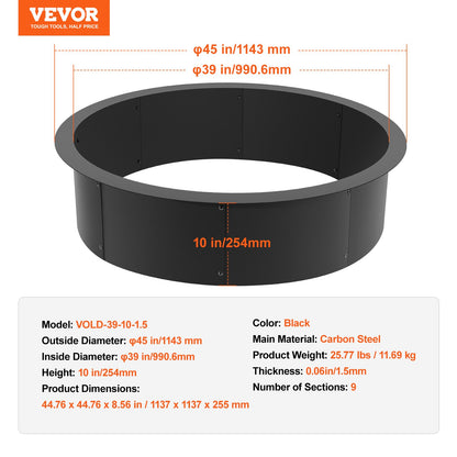 Fire Pit Ring, 45-Inch Outer/39-Inch Inner Diameter, 10inch Height Fire Pit Insert, Heavy Duty Carbon Steel Liner DIY Campfire Ring above or In-Ground, for Outdoor Camping, Bonfires