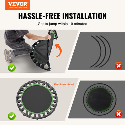 Hopfällbar minitrampolin, 36 tums fitnessrebounder, maxbelastning 90 kg träningstrampolin, stabil och tyst liten träningstrampolin för inomhusbruk, minitrampolin för vuxna inomhus-/trädgårdsträning