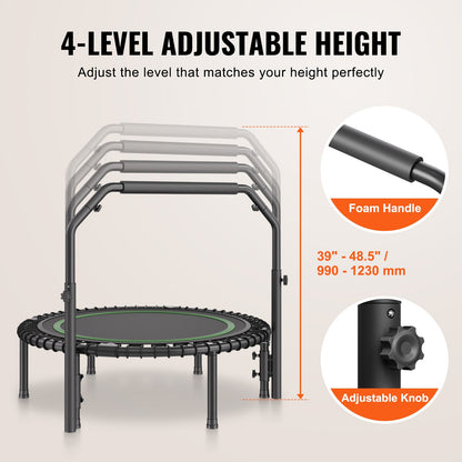 Hopfällbar mini-trampolin, 40 tums fitnessrebounder, maxbelastning 145 kg träningstrampolin, stabil och tyst trampolin med 4 nivåer höjdjusterbart skumhandtag, för vuxna inomhus-/trädgårdsträning
