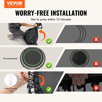 Hopfällbar mini-trampolin, 40 tums fitnessrebounder, maxbelastning 145 kg träningstrampolin, stabil och tyst trampolin med 4 nivåer höjdjusterbart skumhandtag, för vuxna inomhus-/trädgårdsträning