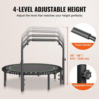 Foldable Mini Trampoline, 51 Inch Fitness Rebounder, Max Load 450lbs Exercise Trampoline, Stable & Quiet Trampoline with 4 Level Height Adjustable Foam Handle, for Adults Indoor/Garden Workout