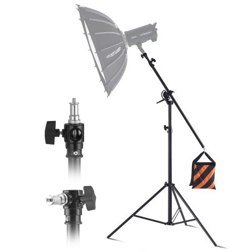 Air Cushioned Aluminum Light Stand, Max Height 12.8 ft/390 cm, Adjustable Photography Stand with Boom Arm, Sandbag, Max Load 5kg, 1/4 in Screw for Softbox, Studio Flash, Umbrella, Ring Light