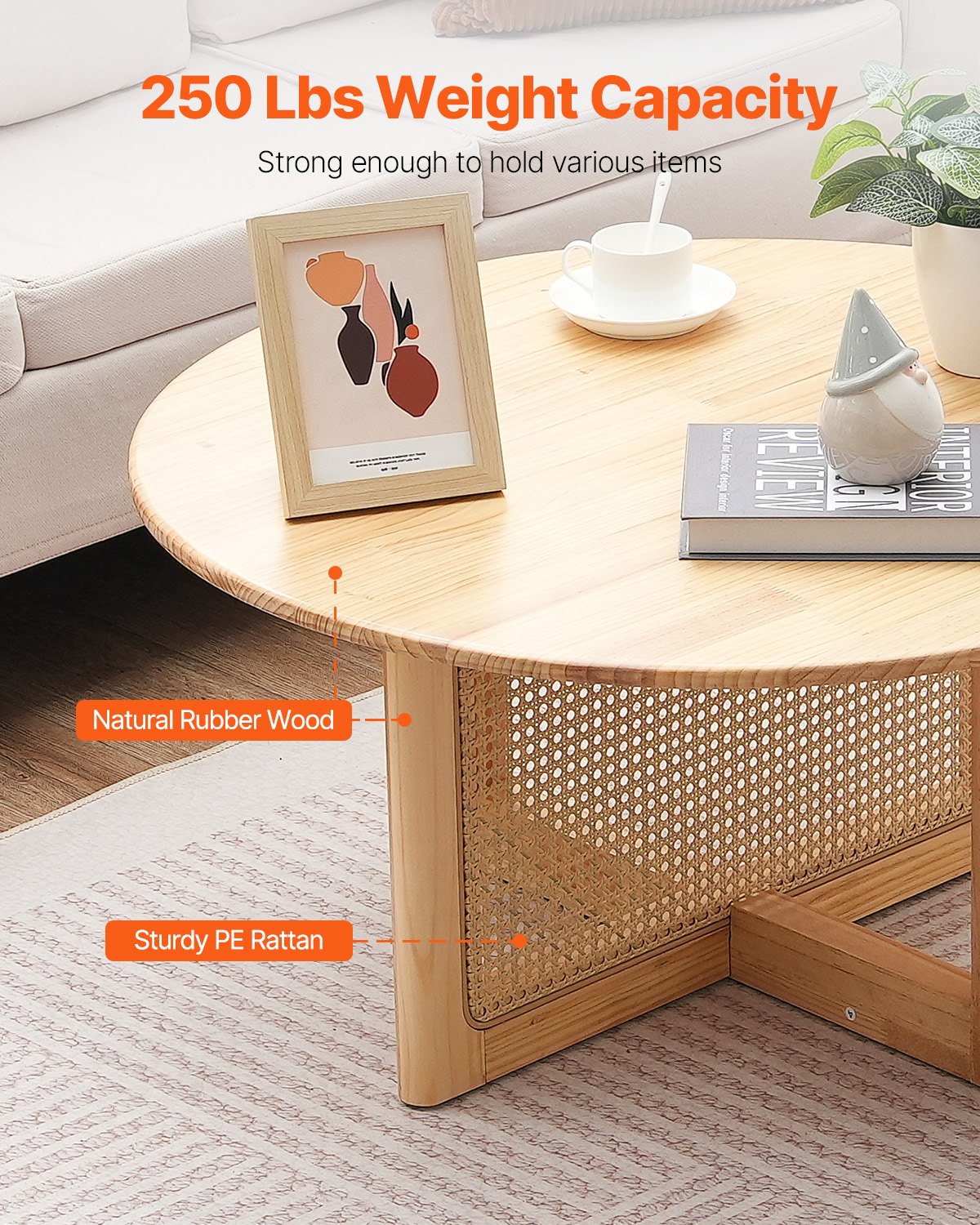 Rattan Coffee Table, Round Rattan Woven Wood Coffee Table with Rubber Wood Top, 33 in Modern Boho Circular Storage Coffee Table with Natural Wood Legs, for Living Room, Bedroom & Small Spaces