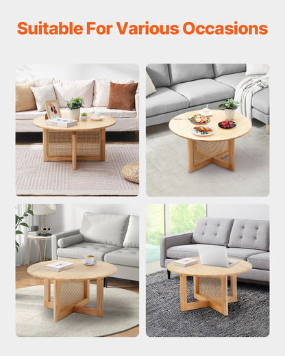 Rattan Coffee Table, Round Rattan Woven Wood Coffee Table with Rubber Wood Top, 33 in Modern Boho Circular Storage Coffee Table with Natural Wood Legs, for Living Room, Bedroom & Small Spaces