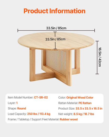 Rattan Coffee Table, Round Rattan Woven Wood Coffee Table with Rubber Wood Top, 33 in Modern Boho Circular Storage Coffee Table with Natural Wood Legs, for Living Room, Bedroom & Small Spaces