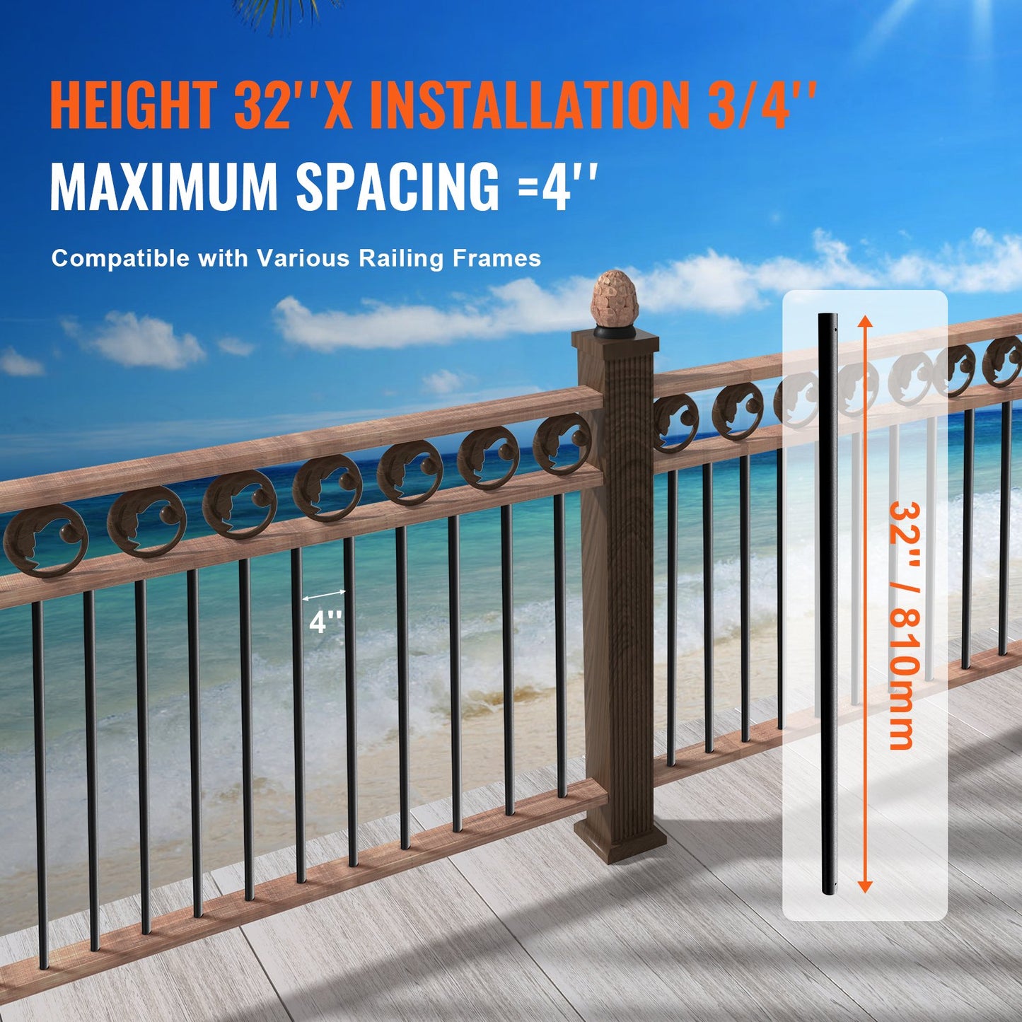 Metallbaluster för trappuppgång, 3/4'' runda x 32'' långa dekorativa aluminiumräckespindar, 101-pack däckbaluster med skruvar, klassiskt ihåligt däckräcke satinsvart pulverlackerat för veranda