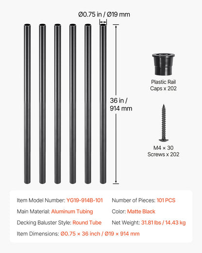 Trappståndare 101-pack, 36-tums trappståndare i aluminium, 3/4-tums vattentäta runda metallräcken, ihåligt däckräcke med räckeskåpor och skruvar för trappor, veranda, uteplats, mattsvart