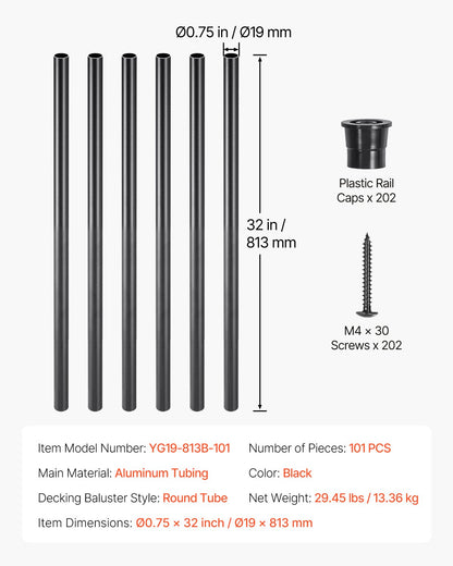 Staircase Balusters 101 Pack, 32 In Aluminum Stair Balusters, 3/4 In Water-Proof Round Metal Spindle Railing, Hollow Deck Railing with Rail Caps & Screws for Stairs, Porch, Patio, Fence, Black