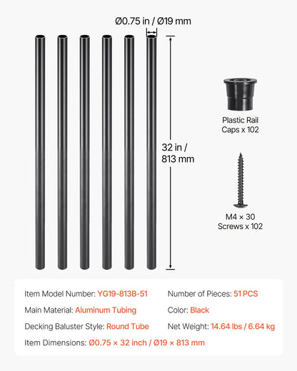 Staircase Balusters 51 Pack, 32 In Aluminum Stair Balusters, 3/4 Inch Water-Proof Round Metal Spindle Railing, Hollow Deck Railing with Rail Caps & Screws for Stairs, Porch, Patio, Matte Black