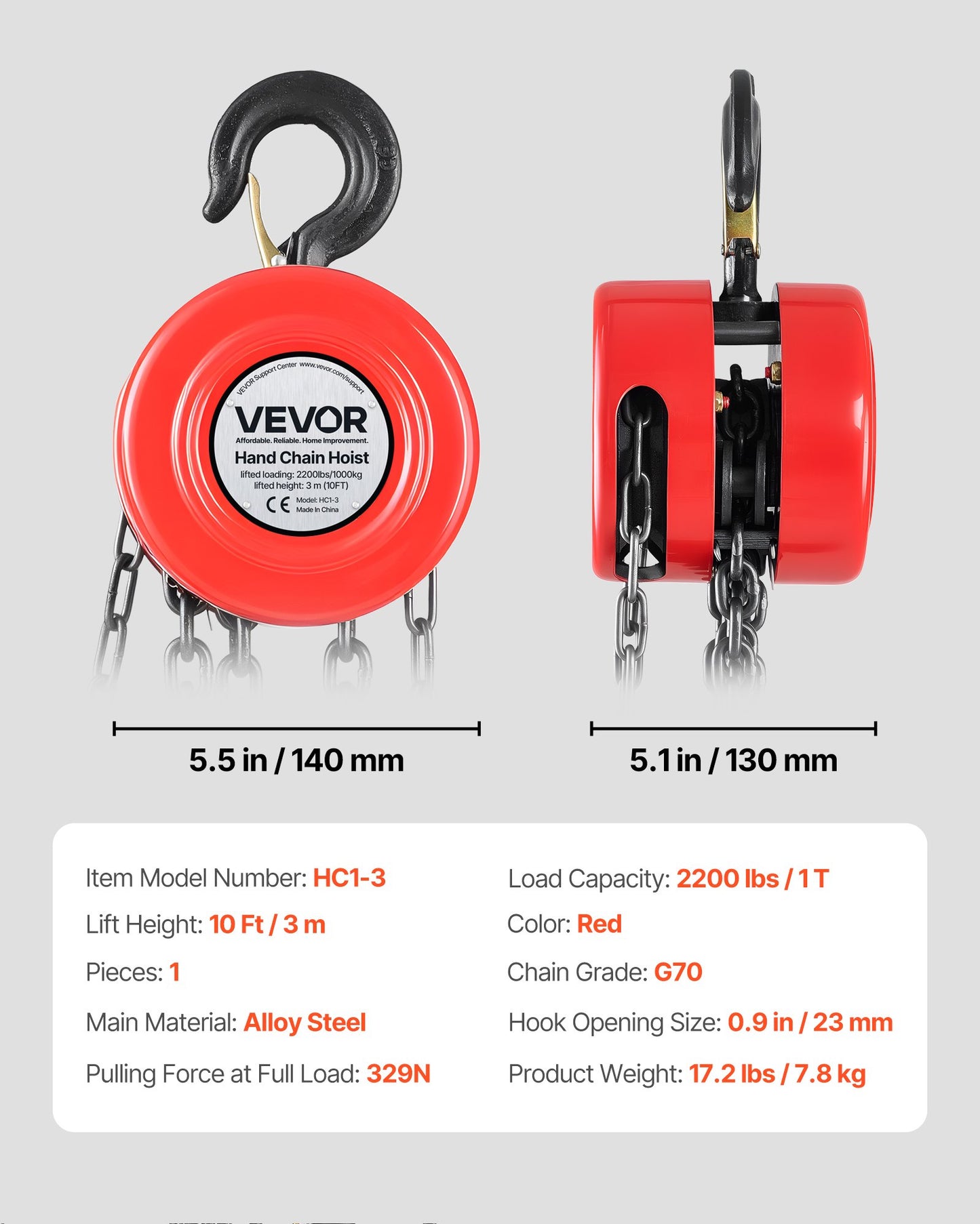 Hand Chain Hoist, 1 Ton Capacity, Manual Chain Block with Upgrade G70 Galvanized Chain, 3 m Lifting Height, Heavy Duty Pulley Hoist for Garage Warehouse Automotive Machinery, Red